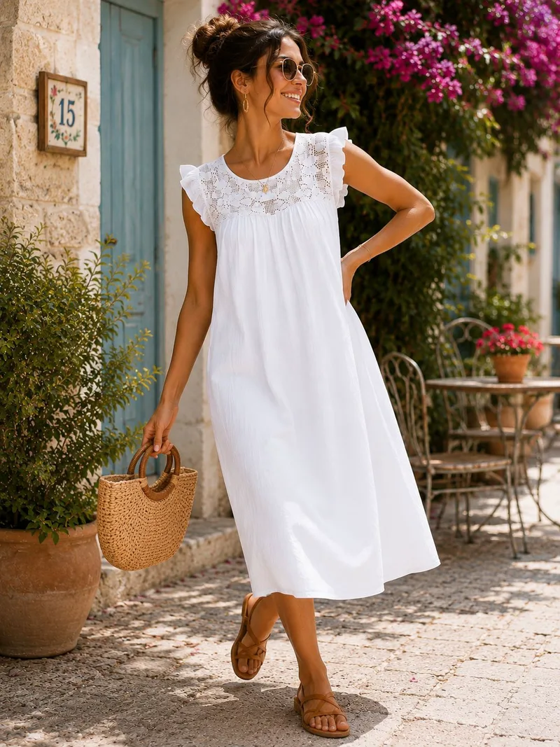 Αέρινο Midi Φόρεμα Με Δαντέλα - Άσπρο | Dress Up Άσπρο
