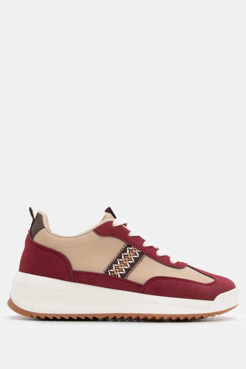 Sneakers σε Συνδυασμό Χρωμάτων & Υλικών & Κέντημα - Μπορντό
