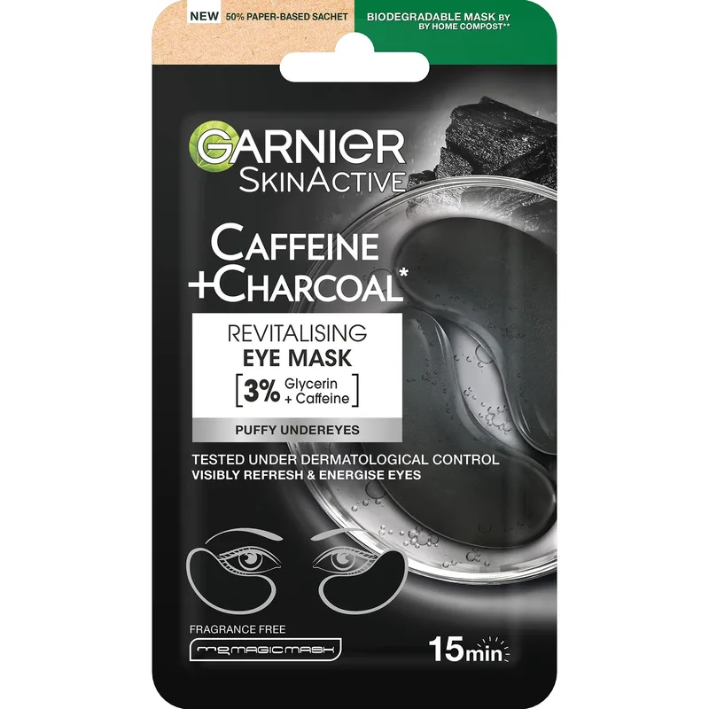 Garnier Skinactive Caffeine & Charcoal Revitalising Eye Patches Μάσκα Ματιών για Μείωση των Μαύρων Κύκλων & του Πρηξίματος 1 Ζευγάρι