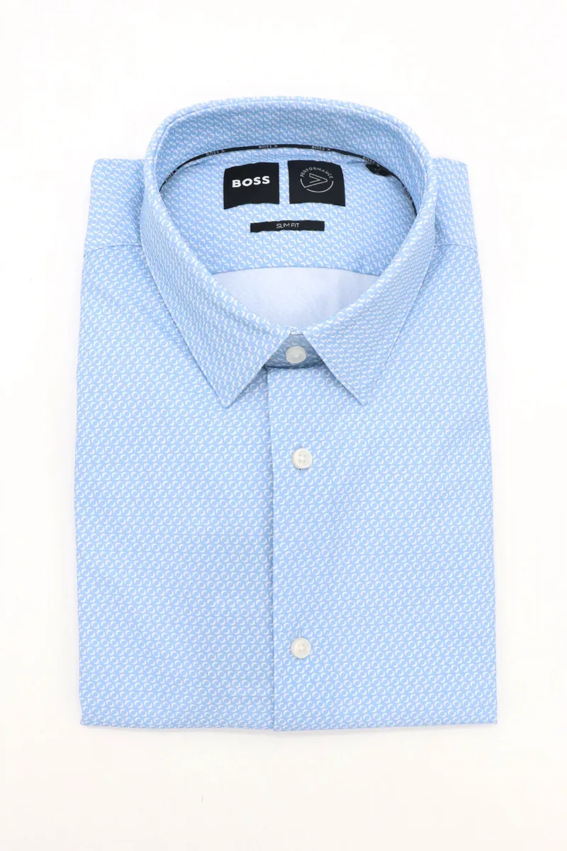BOSS PERFORMANCE ΠΟΥΚΑΜΙΣΟ ΜΙΚΡΟΣΧΕΔΙΟ SLIM FIT P-HANK-S-KENT-C1-222 ΣΙΕΛ-ΛΕΥΚΟ