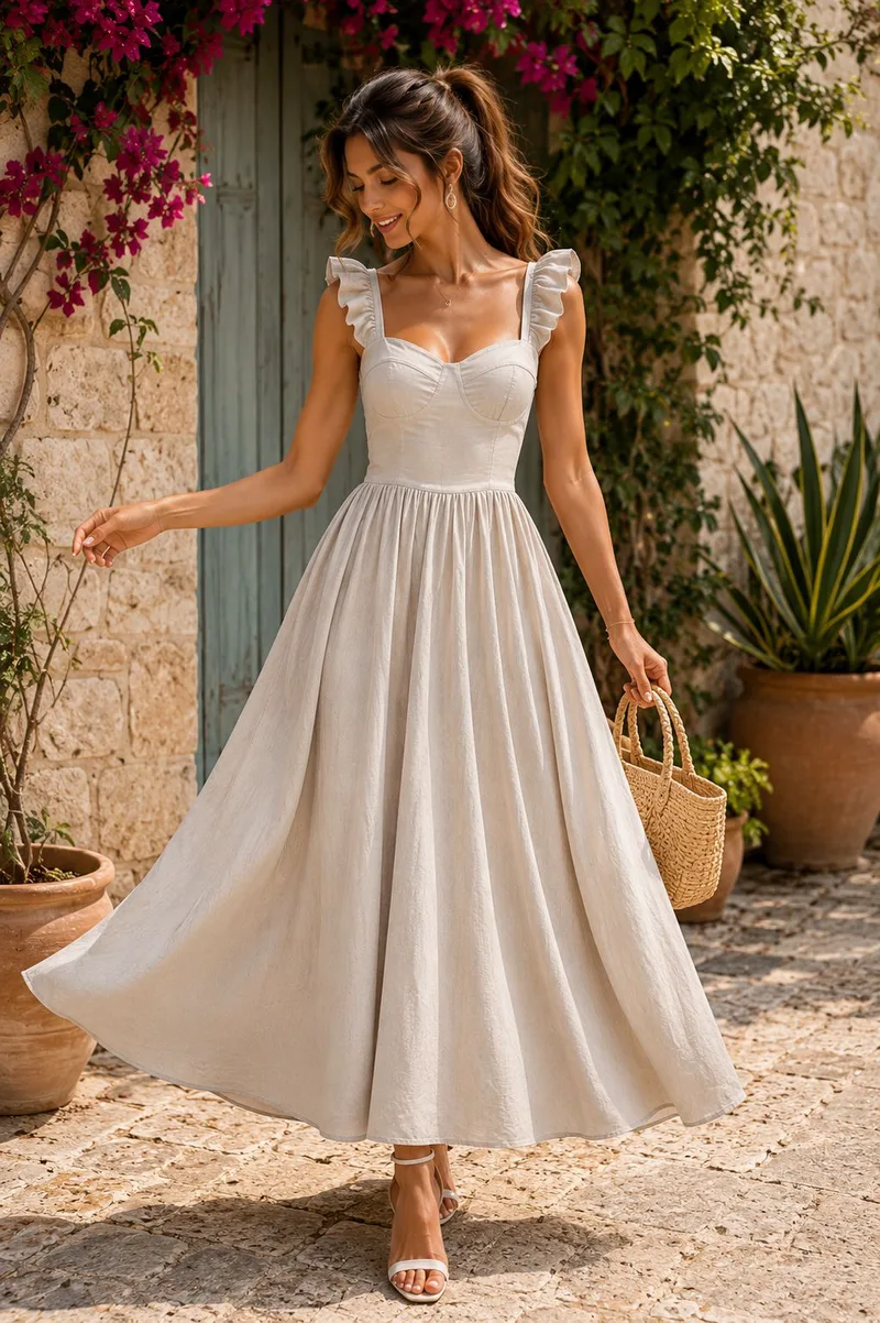 Ρομαντικό Maxi Φόρεμα με Βολάν Τιράντες - Μπεζ | Dress Up Μπεζ