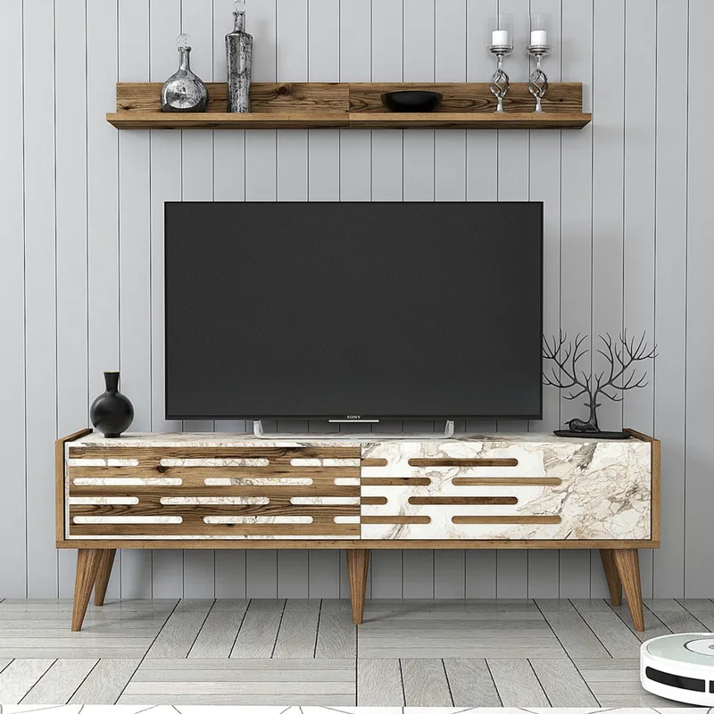 Σύνθεση Τηλεόρασης Valensiya 140 - Walnut, White, Marble 845Hct5386 (140x35x45 cm)