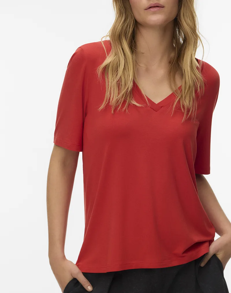 AWARE BY VERO MODA AWRITA SS V-NECK T-SHIRT NOOS 10328539-Molten Lava FireRed
