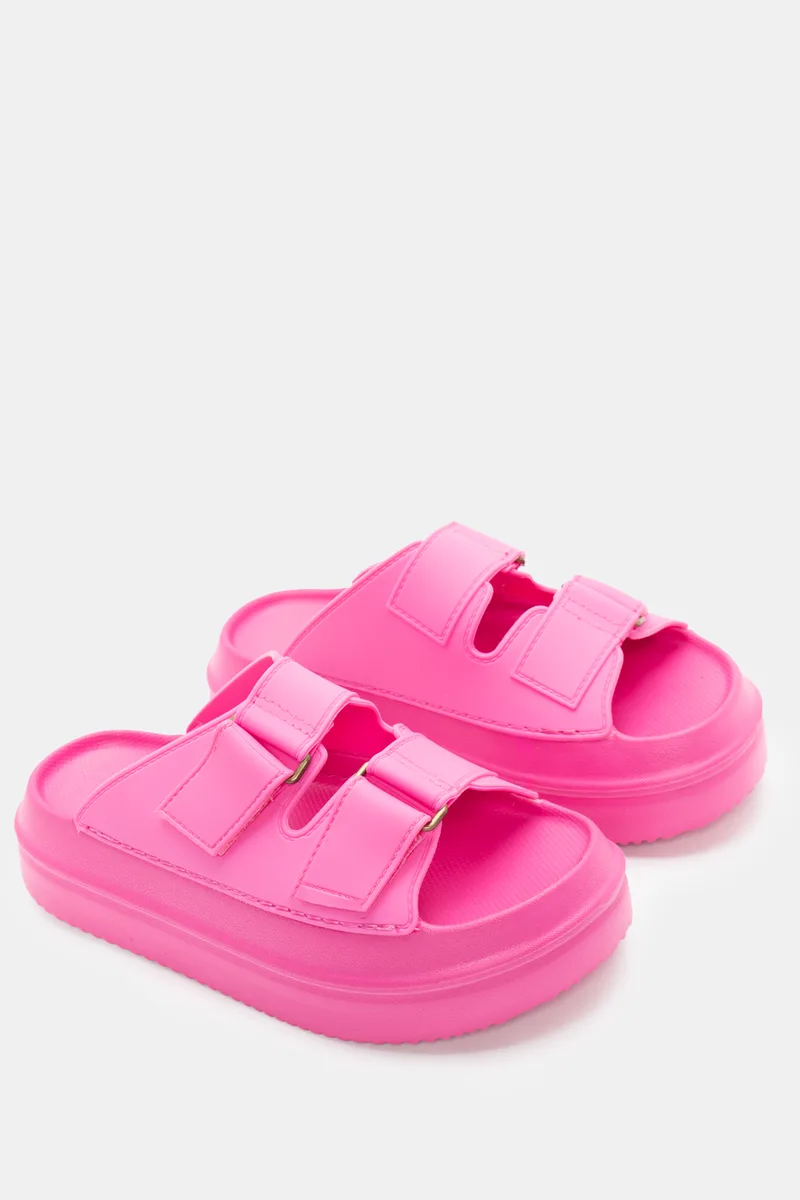 Παντόφλες Flatform με Διπλά Λουράκια και Velcro - Φούξια