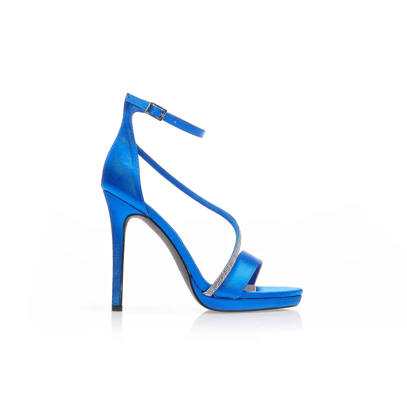 Πέδιλα μπλε σατέν με λοξό λουράκι από στρας ΜΠΛΕ