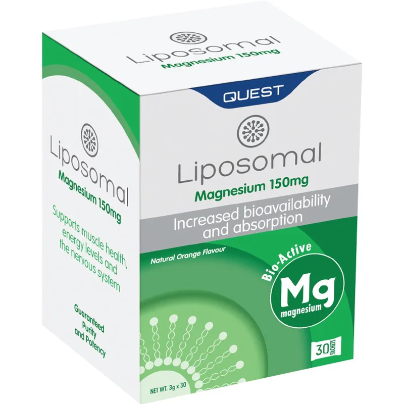Quest Liposomal Magnesium 150mg Συμπλήρωμα Διατροφής Μαγνησίου Λιποσωμικής Μορφής Αυξημένης Απορρόφησης & Βιοδιαθεσιμότητας για την Καλή Υγεία των Μυών, Πρόληψη Κραμπών & Δυσκαμψίας με Γεύση Πορτοκάλι 30 Sachets