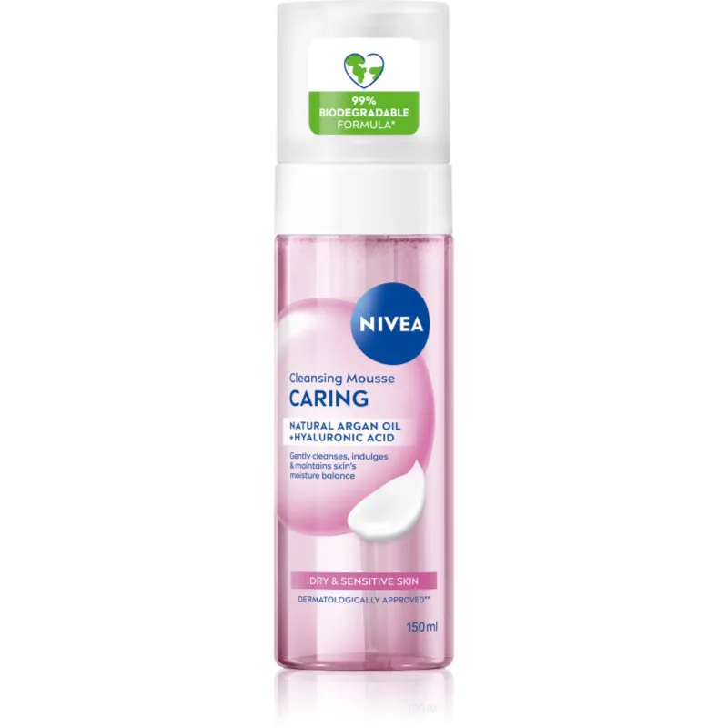 NIVEA Caring καθαριστικός αφρός προσώπου για ξηρή και ευαίσθητη επιδερμίδα 150 ml