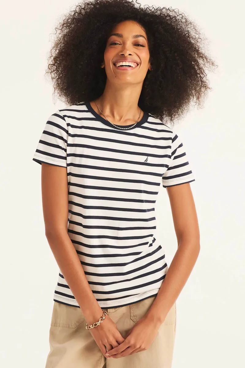 Nautica γυναικείο T-shirt με ριγέ σχέδιο και κεντημένο λογότυπο Classic Fit - 37V010 Λευκό
