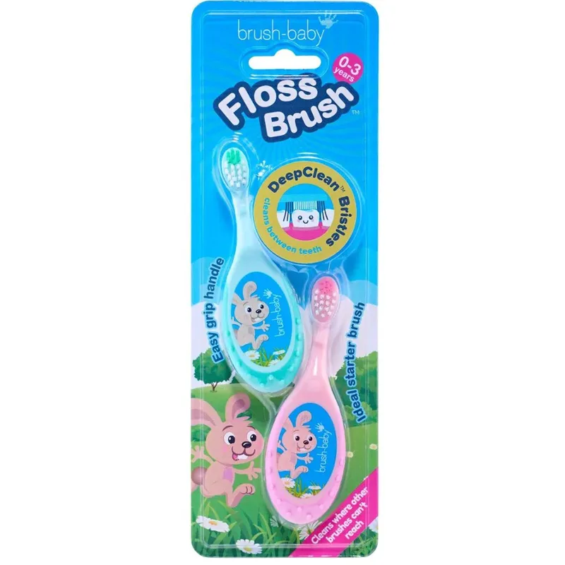 Brush-Baby Floss Brush 2in1 Toothbrush & Chew Handle Παιδική Οδοντόβουρτσα & Μασητικό 2 σε 1 για 0-3 Ετών 2 Τεμάχια - Πράσινο / Ροζ