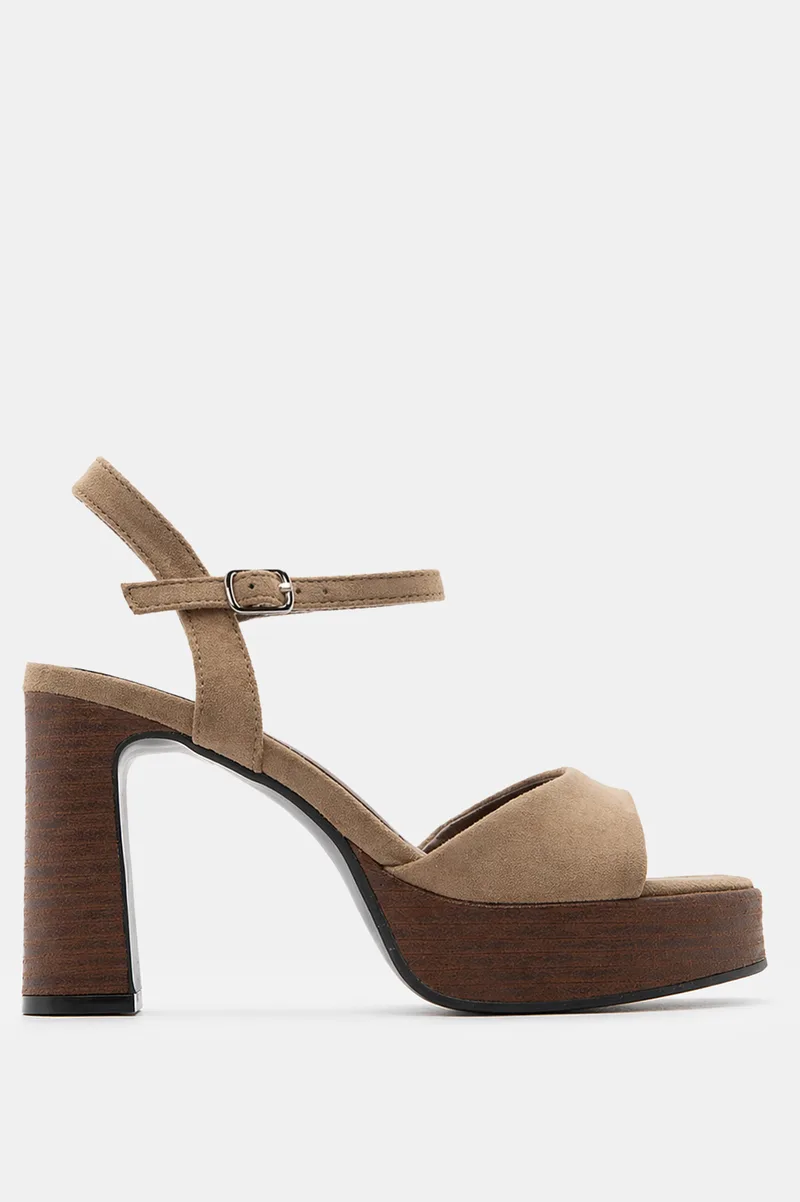 Πέδιλα Suede με Φιάπα & Χοντρό Τακούνι σε Wood Look - Χακί