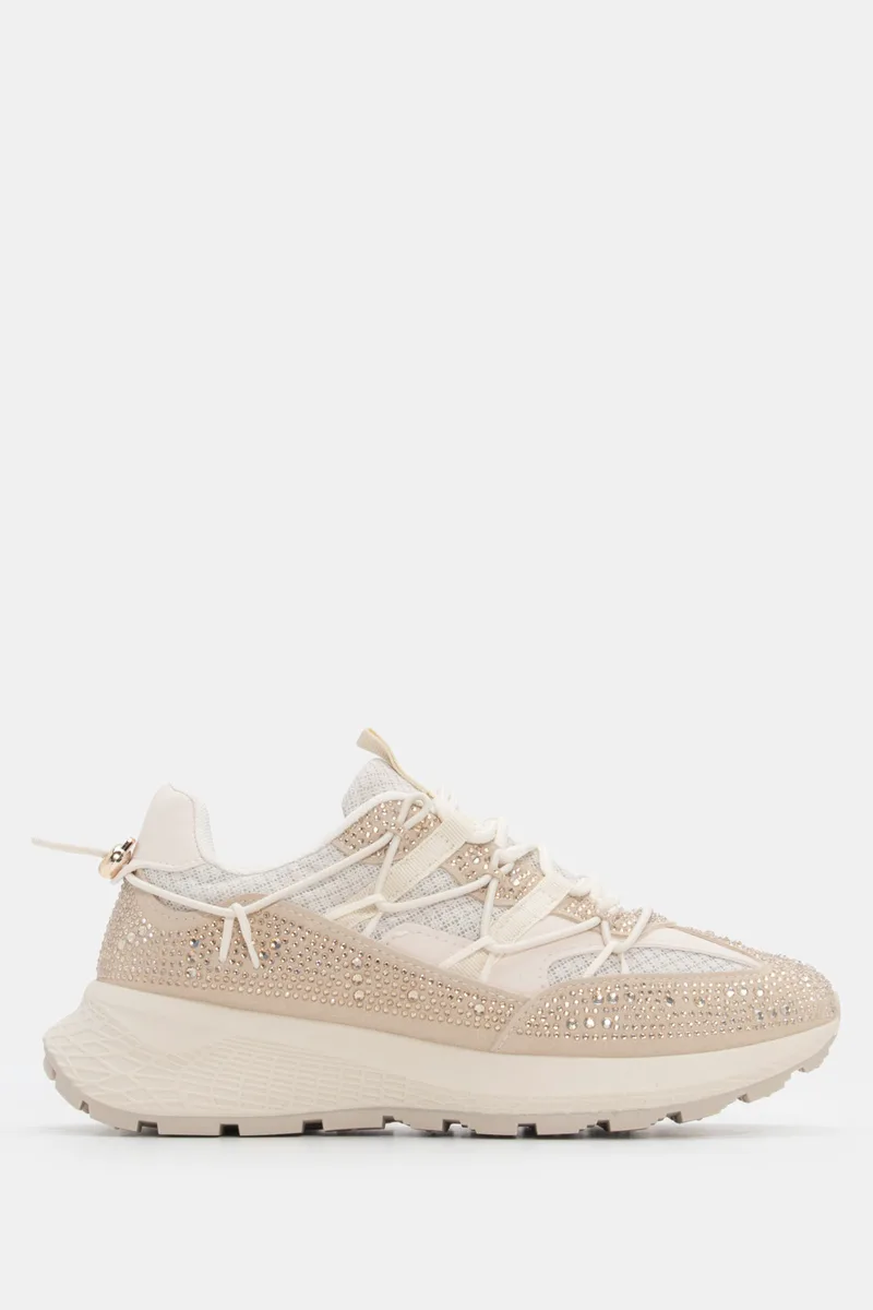 Sneakers με Διακοσμητικό Strass - Μπεζ