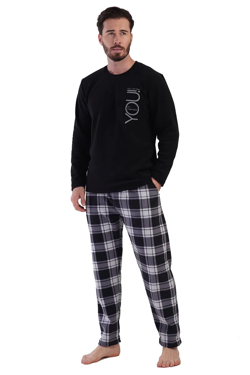 VienettaMan Ανδρική χειμερινή fleece πυζάμα με καρό παντελόνι-305008