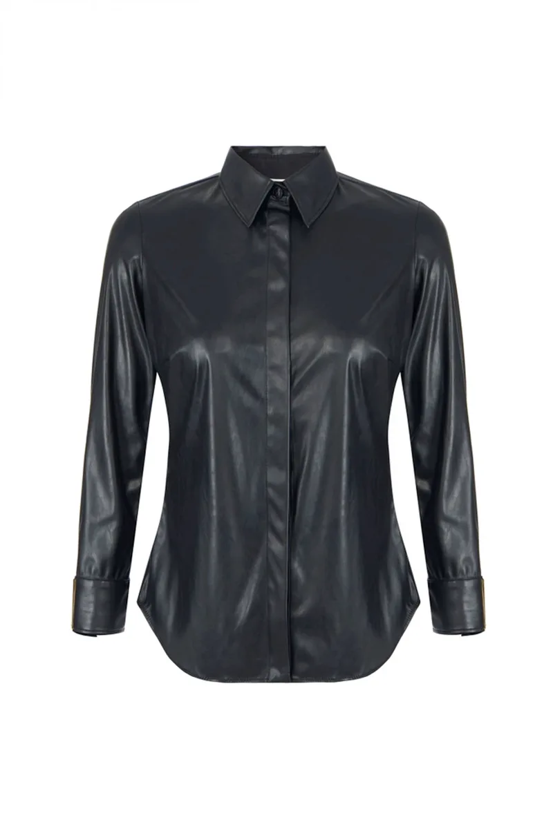 ELISABETTA FRANCHI ΠΟΥΚΑΜΙΣΟ FAUX LEATHER ΚΡΥΦΑ ΚΟΥΜΠΙΑ ΧΡΥΣΗ ΛΕΠΤΟΜΕΡΕΙΑ ΜΑΝΙΚΙ ΜΑΥΡΟ
