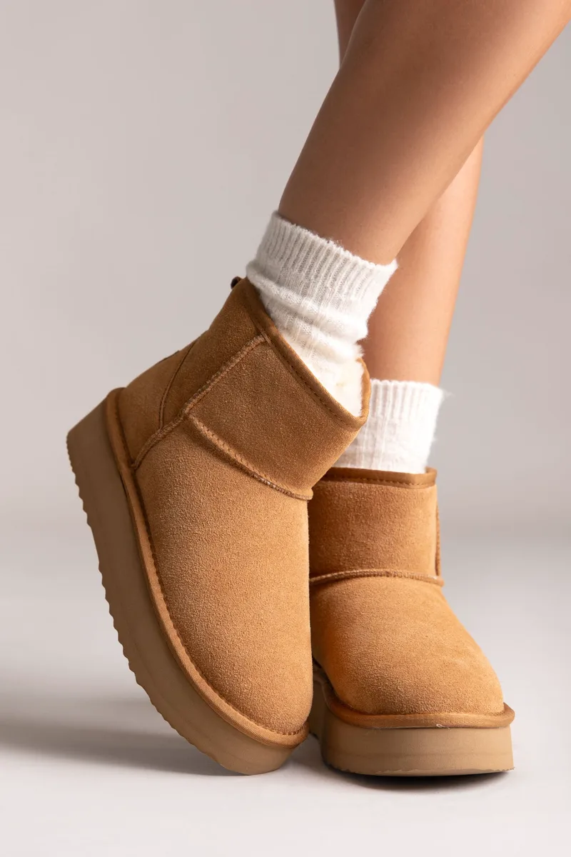 KELARA Fur Lined Ankle Boots - K41210 - Camel Suede