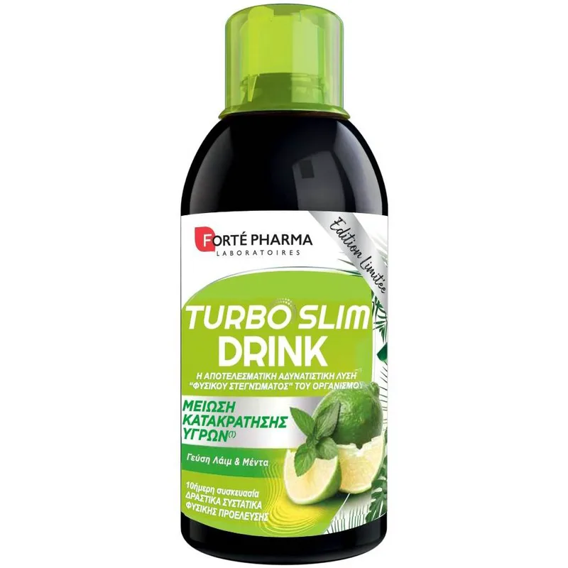 Forte Pharma Turbo Slim Drink Lime - Mint Συμπλήρωμα Διατροφής με Φυσικά Εκχυλίσματα Βοτάνων, Φρούτων & Φυτών σε Πόσιμο Υγρό για Στέγνωμα & Μείωση της Κατακράτησης Υγρών με Γεύση Λάιμ & Μέντα 500ml