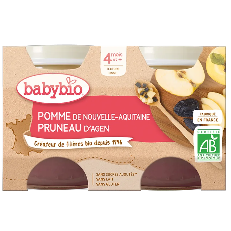 Babybio Fruit Jars - 4 + months - Apple, Plum - ORGANIC 2X130G