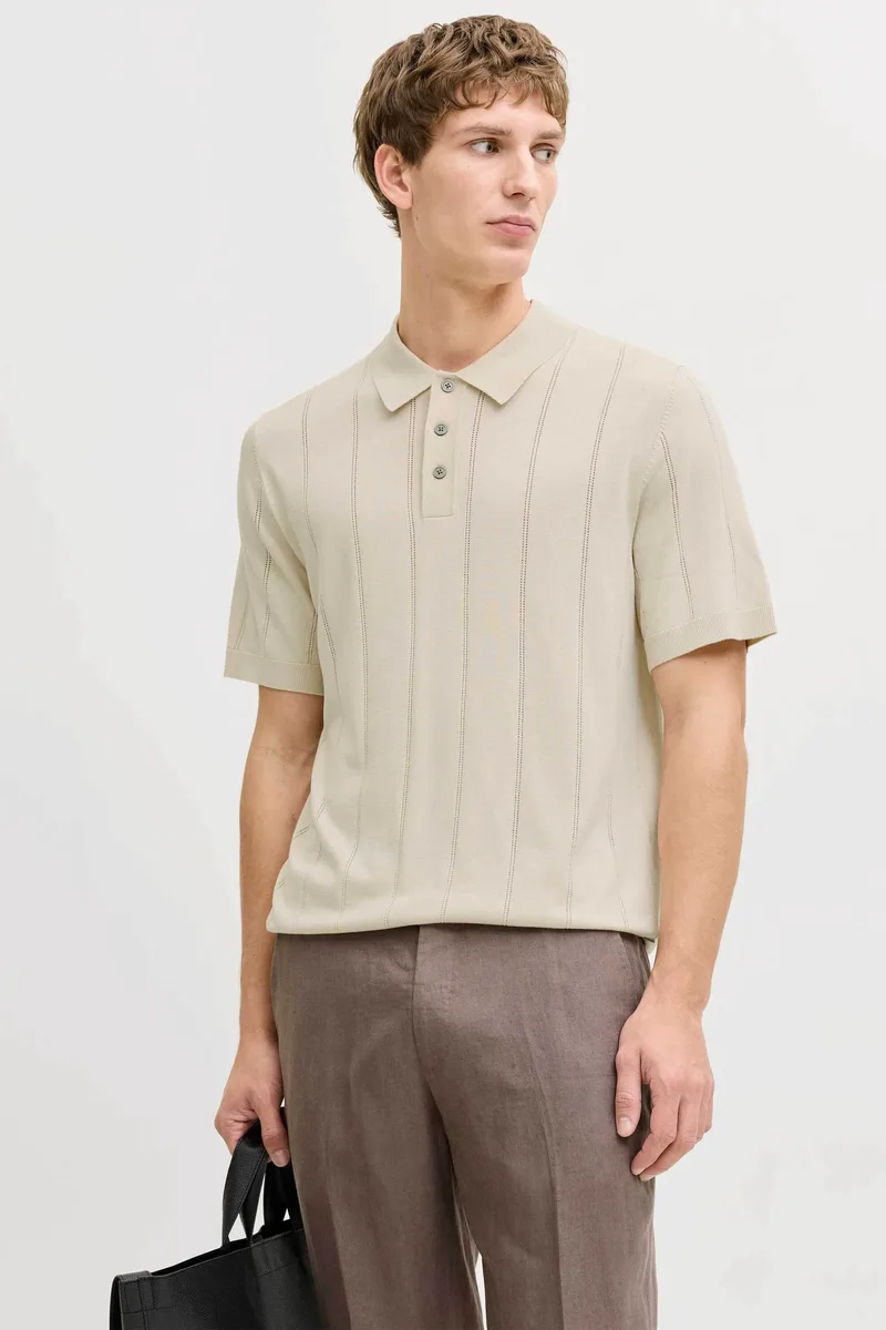 JACK & JONES ανδρική πλεκτή μπλούζα πόλο structured Regular Fit - 12291042 Μπεζ