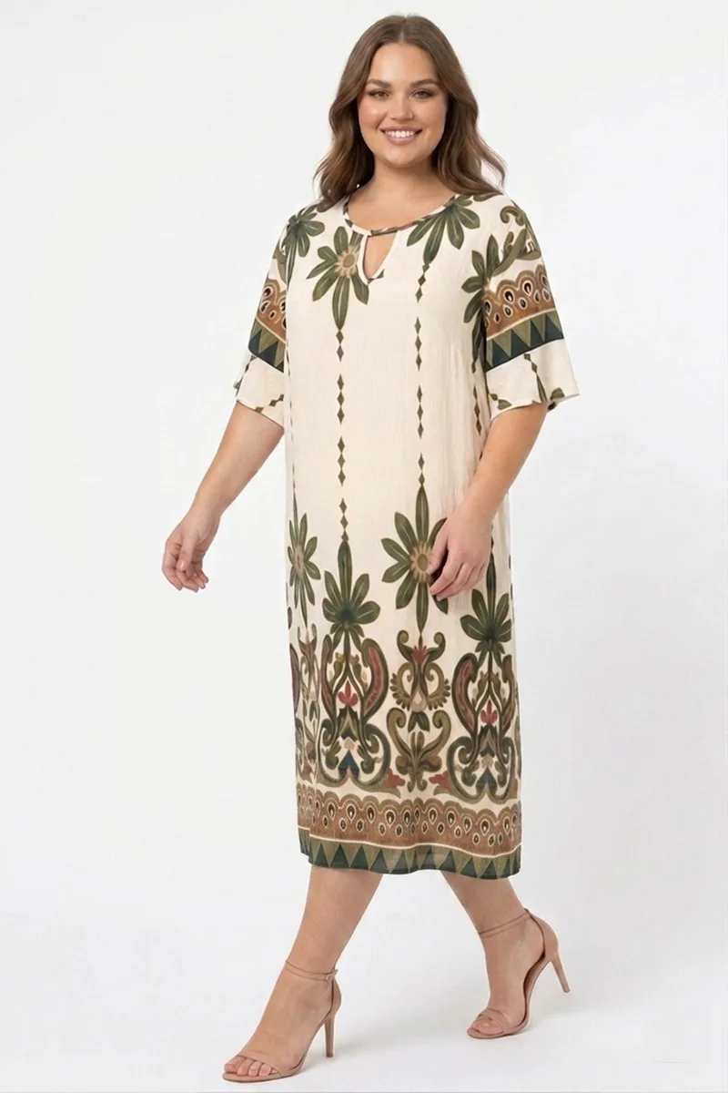 Φόρεμα boho με keyhole σε εκρού/πράσινο χρώμα plus size