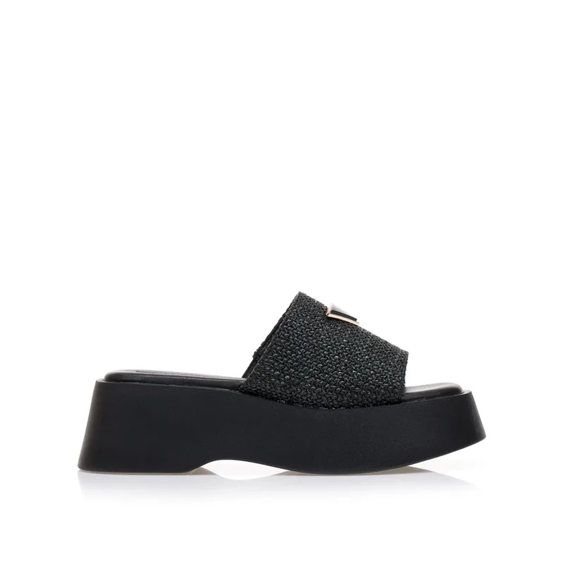 Flatforms μαύρα με ψάθινη φάσα και αγκράφα ΜΑΥΡΟ