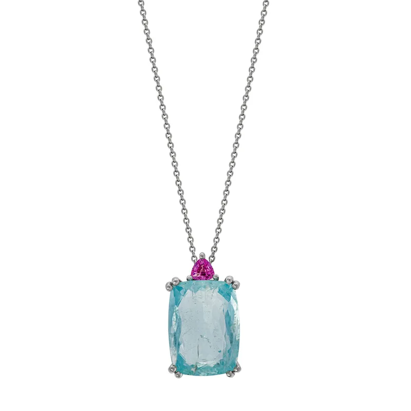 Koλιέ Μονόπετρο Με Aquamarine και Ροζ Sapphire από Λευκό Χρυσό 18 Καρατίων KL2509