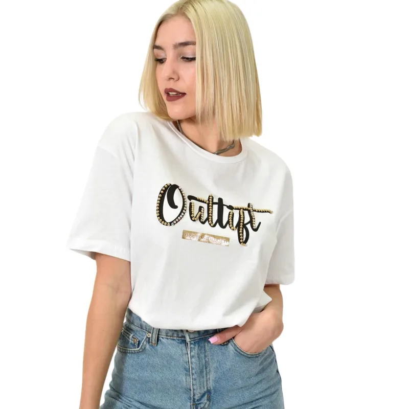 Γυναικείο T-shirt με σχέδιο και στρας Λευκό 23145