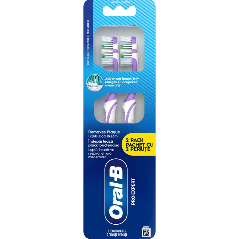Oral-B Promo Pro Expert Medium Toothbrush Χειροκίνητη Οδοντόβουρτσα Μεσαίας Σκληρότητας με Μεσοδόντια Σειρά για Αφαίρεση της Οδοντικής Πλάκας & Καταπολέμηση της Δυσάρεστης Αναπνοής, 2 Τεμάχια - Μωβ
