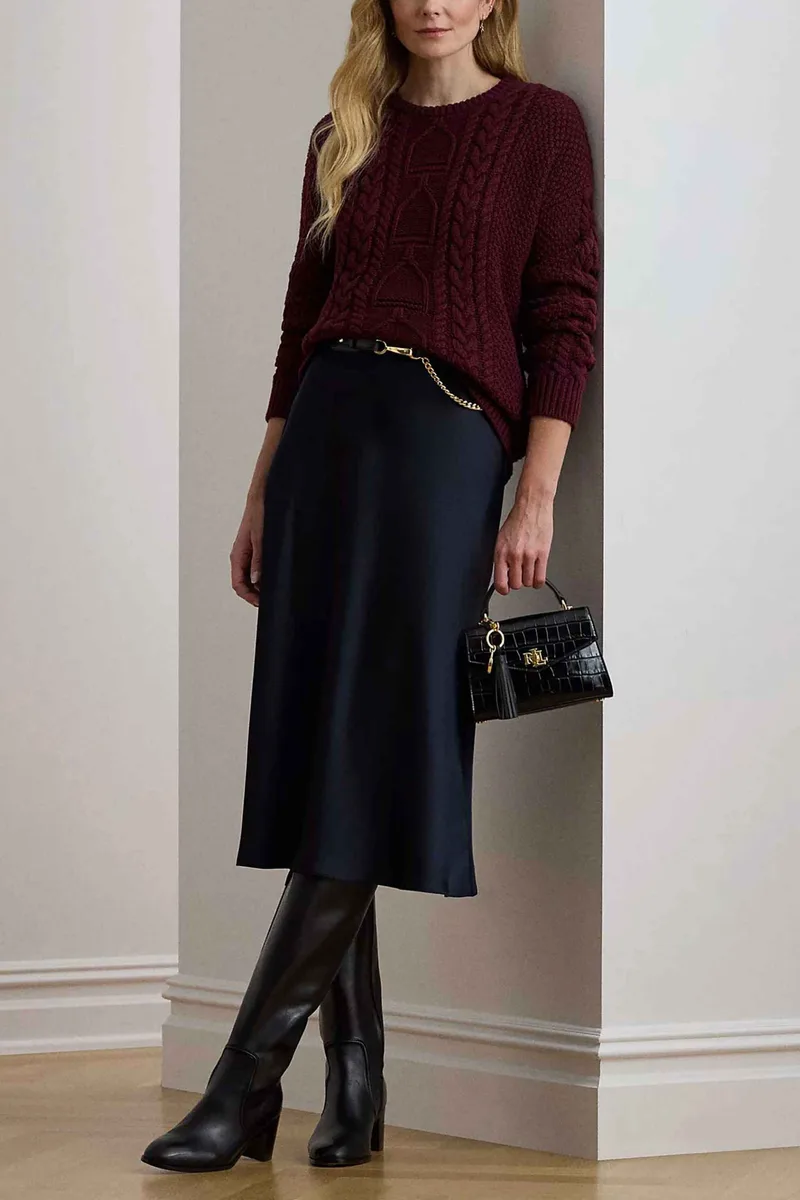 Lauren Ralph Lauren γυναικεία midi φούστα με σατέν όψη A-line - 200925882004 Μπλε Σκούρο