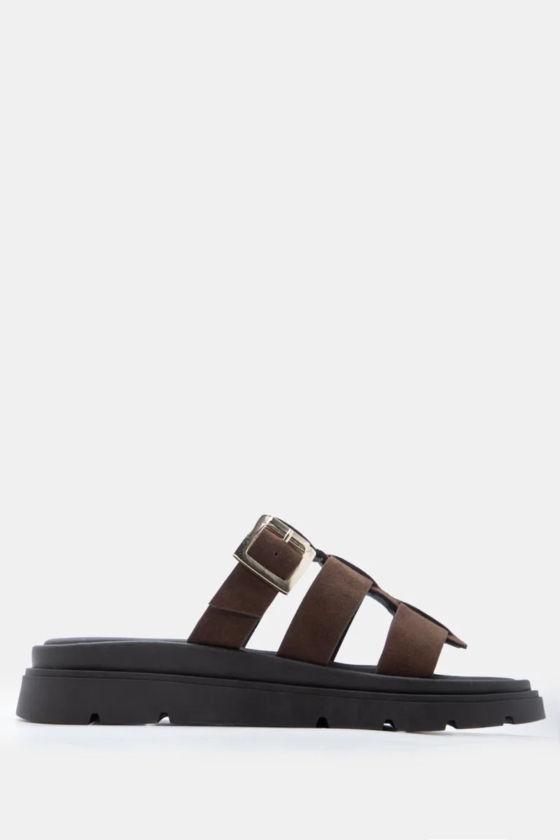 LUIGI DESIGN - Δερμάτινα Σανδάλια Flatform με Λουράκια & Τόκα - Καφέ Σκούρο