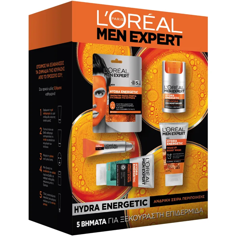 L'Oreal Paris Men Expert Hydra Energetic Πακέτο Προσφοράς Hydra Energetic Gel Καθαρισμού 100ml & Scrub 100ml & Μάσκα 3x30g & 24ωρη Κρέμα Ενυδάτωσης 50ml & Roll-on Ματιών 10ml