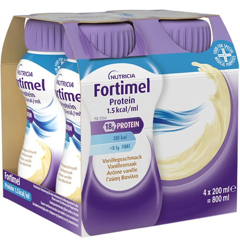 Nutricia Fortimel Protein 1,5 kcal/ml Vanilla Πόσιμο Θρεπτικό Σκεύασμα Πλούσιο σε Πρωτεΐνες, Μέταλλα & Ιχνοστοιχεία για την Αντιμετώπιση Προβλημάτων Υποσιτισμού & Δυσθρεψίας που Σχετίζονται με Ασθένεια με Γεύση Βανίλια 4x200ml