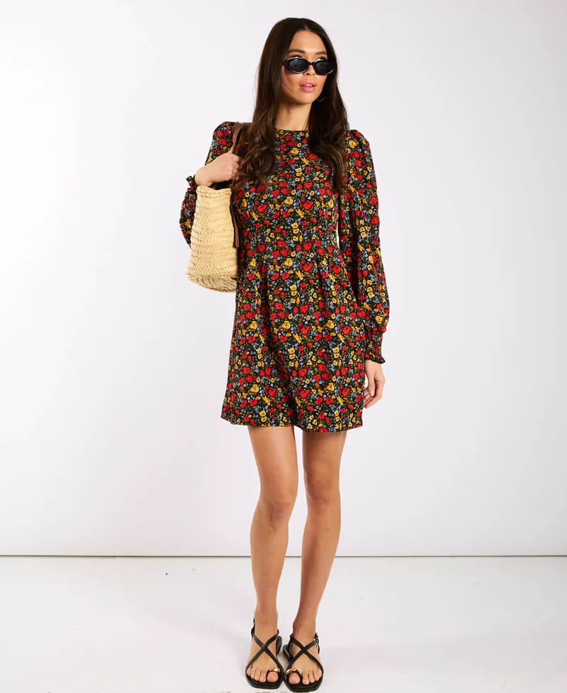 Red Floral Long Sleeve Mini Dress | Clothing Size: 10