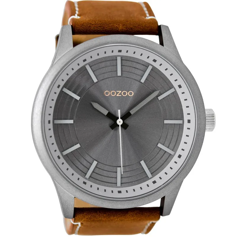 OOZOO Timepieces XXL- C9076, Grey case with Brown Leather Strap