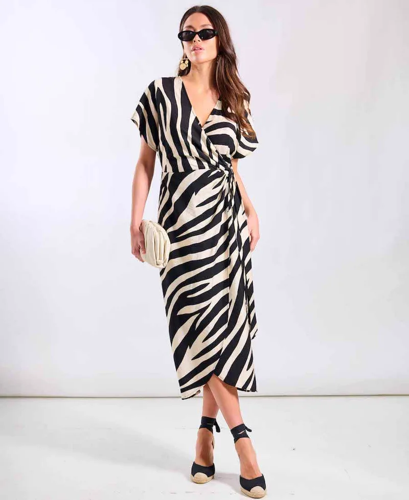 Cream Animal Viscose Wrap Midi Dress | Size: 8