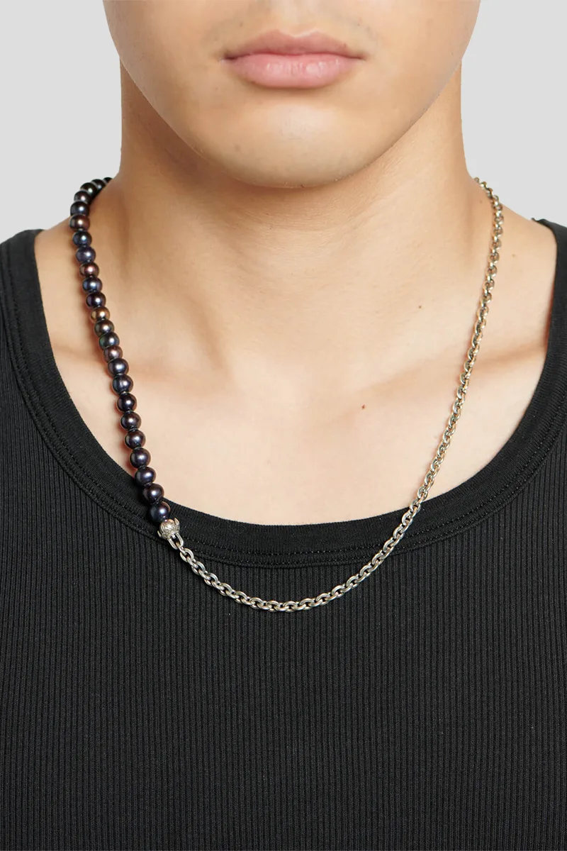 EMANUELE BICOCCHI Ανδρικό Ασημί Half Chain and Black Pearls Necklace