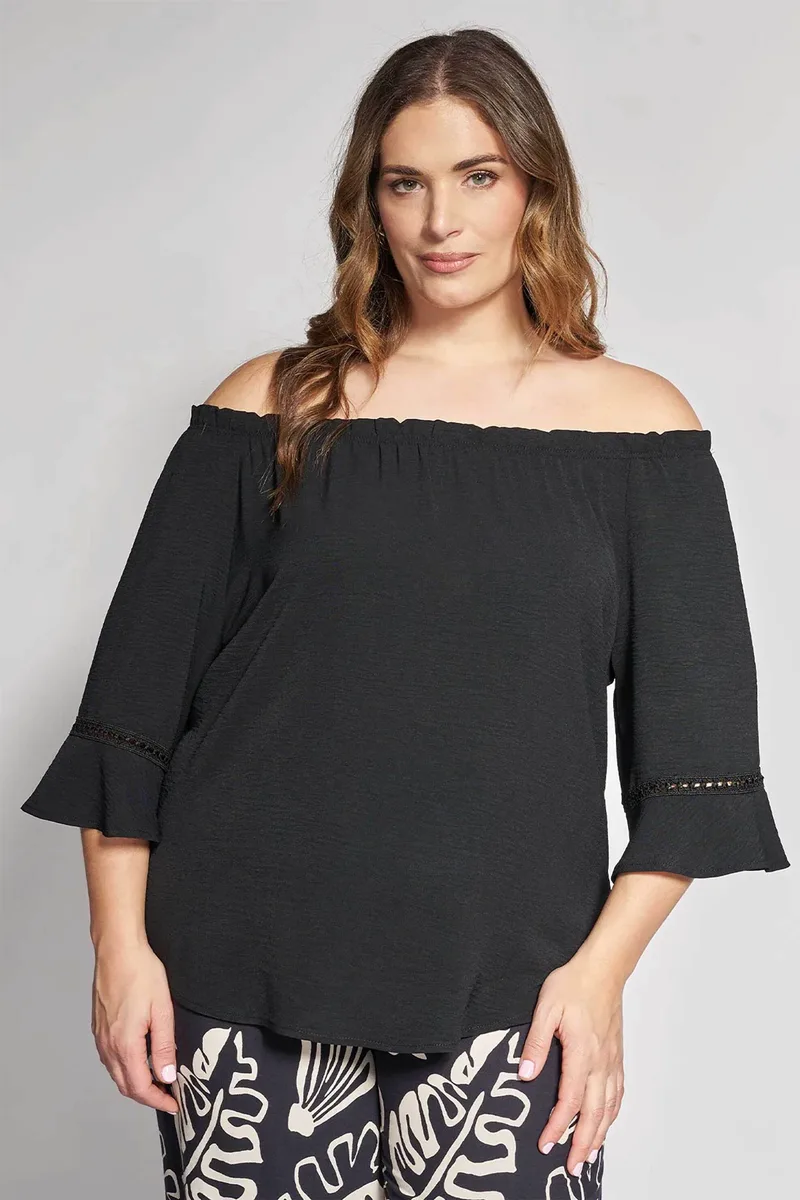 Guess γυναικεία μπλούζα off-shoulder με λεπτομέρειες δαντέλας - 012610100271 Μαύρο