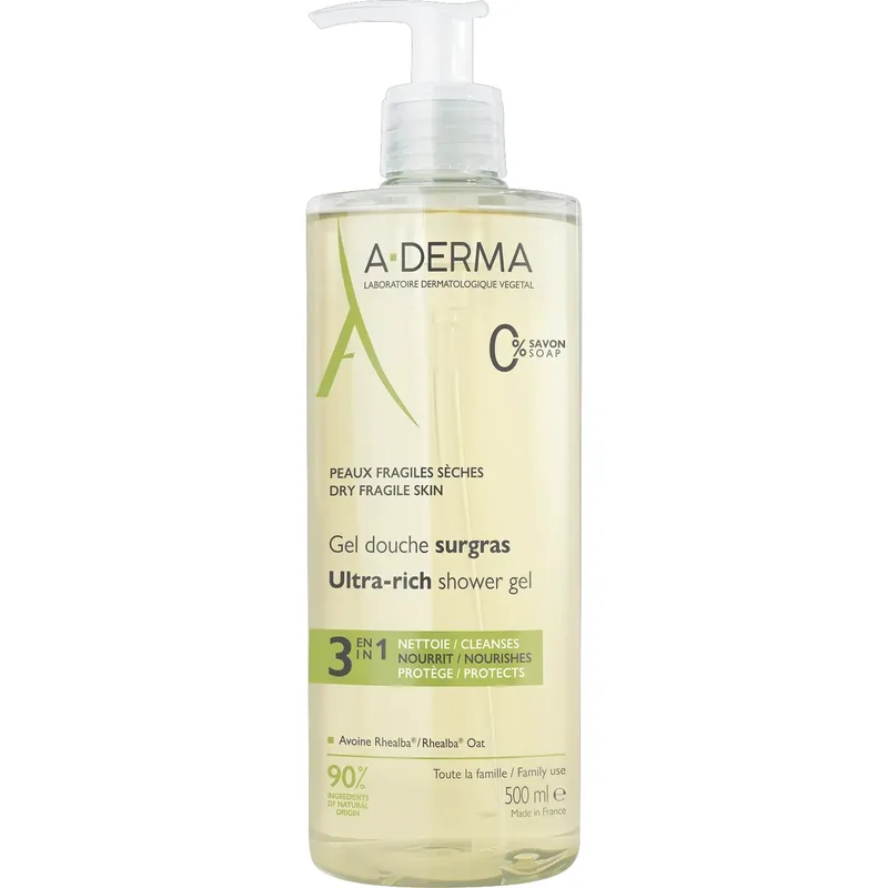 A-Derma Ultra Rich Shower Gel Εξαιρετικά Πλούσιο Τζελ Καθαρισμού για το Ξηρό, Ευαίσθητο Δέρμα Κατάλληλο για Πρόσωπο & Σώμα, με Αντλία 500ml