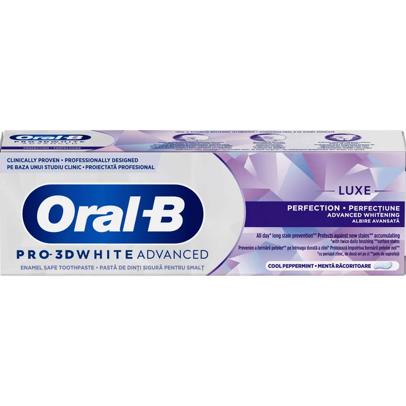 Oral-B Pro 3D White Advanced Luxe Perfection Toothpaste Οδοντόκρεμα Προηγμένης Λεύκανσης για Προστασία από τους Λεκέδες Έως & 24 Ώρες με Γεύση Δροσερής Μέντας 75ml