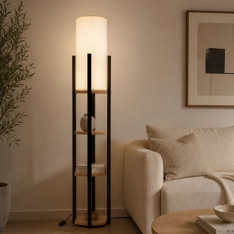 Φωτιστικό Δαπέδου Με Ραφιέρα A-G Nora 390FLH1162 Black/Natural