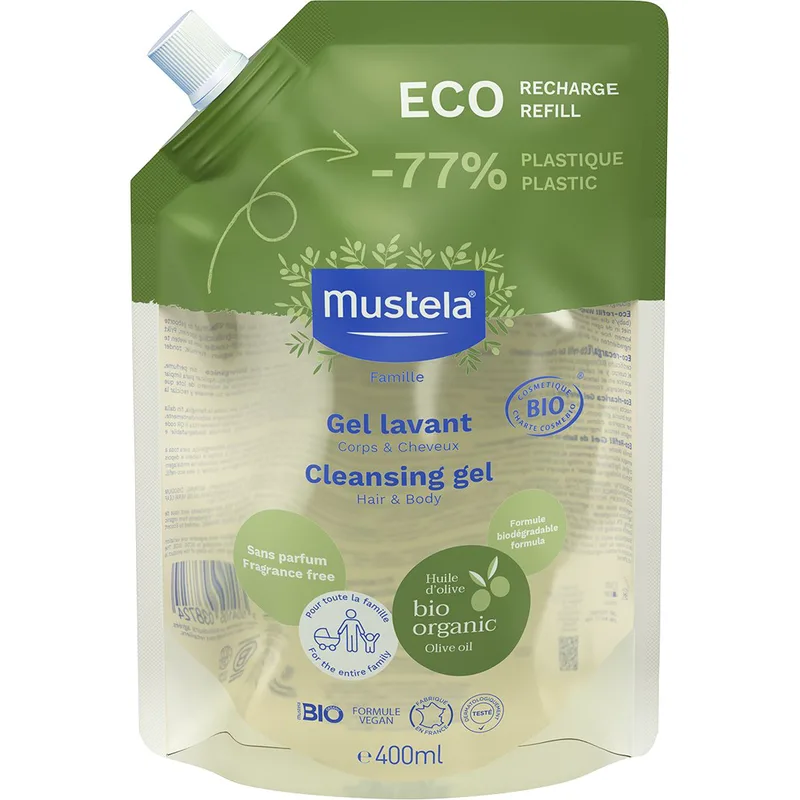Mustela Bio Organic Cleansing Hair & Body Gel Βιολογικό Gel Καθαρισμού για Μαλλιά & Σώμα με Βιολογικό Ελαιόλαδο για Όλη την Οικογένεια 400ml Eco-Refill