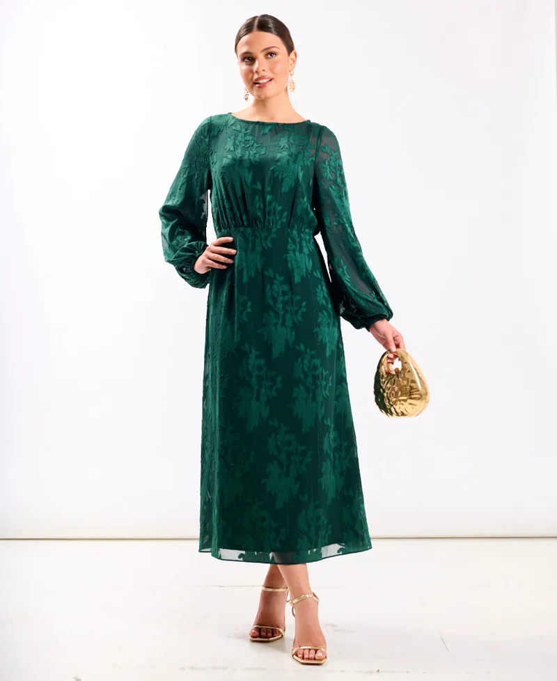 Green Long Sleeve Jacquard Midi Dress | Size: 12