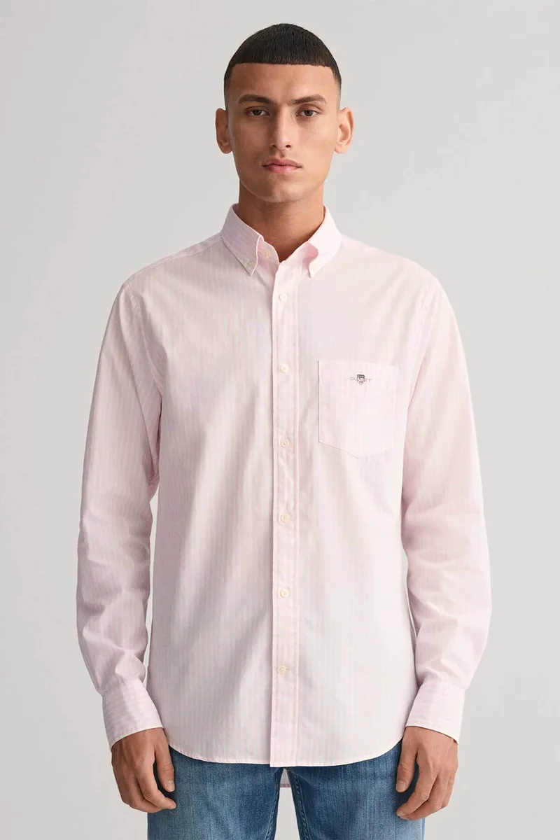 Gant ανδρικό πουκάμισο button down με ριγέ σχέδιο και τσέπη με κεντημένο λογότυπο Regular Fit - 3000130 Ροζ Ανοιχτό