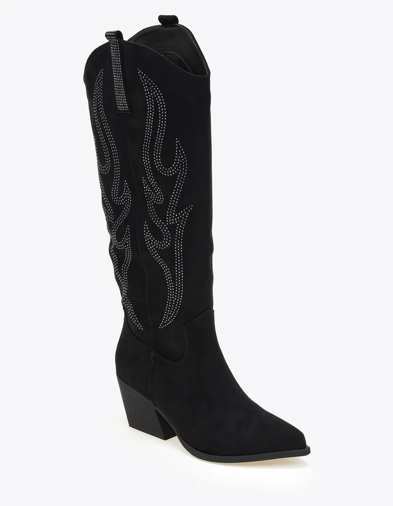 Suede cowboy μπότες με strass και διακοσμητικές φλόγες - Μαύρο