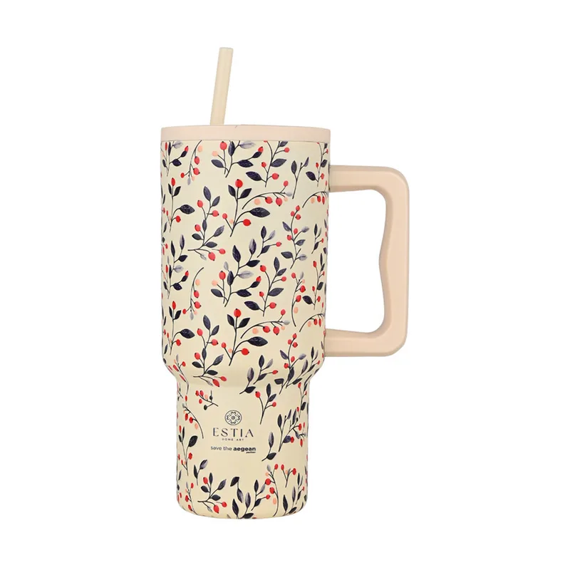 Θερμός Ανοξείδωτος Straw Tumbler XL 14,5x10x22,5εκ.-900ml Bloom Μπεζ Save The Aegean Estia 01-35181 (Υλικό: Ανοξείδωτο, Χρώμα: Μπεζ) - estia - 01-35181