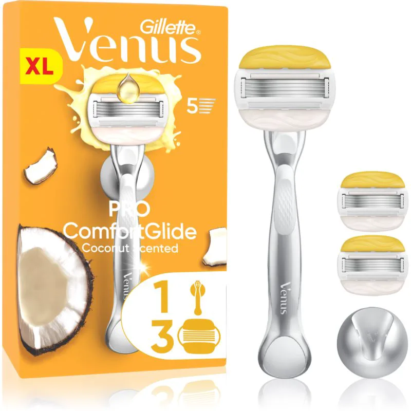 Gillette Venus PRO ComfortGlide Coconut γυναικεία ξυριστική μηχανή με στήριγμα για το ντους + ανταλλακτικές λεπίδες 5 τμχ