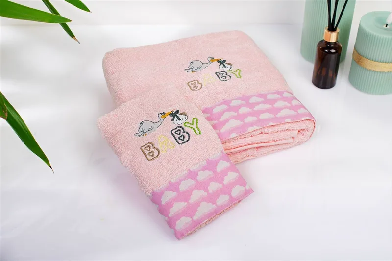 Πετσέτα Με Κέντημα Σετ 2 τεμ bebe Stork 192 30X50,70X140 Ροζ 100% Cotton