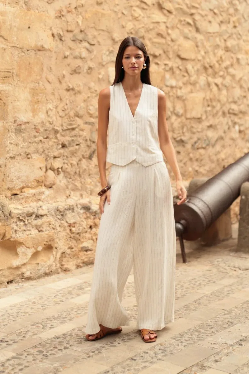 Luna Llena Γυναικείο Παντελόνι Ψηλόμεσο Wide Leg Με Ρίγα Διπλωματική Και Πιέτες