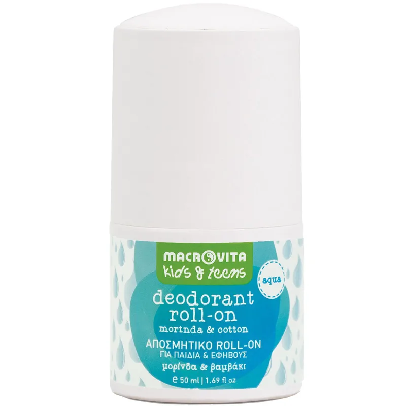 Macrovita Kids & Teens With Morinda & Cotton Deodorant Roll-on Αποσμητικό σε Μορφή Roll on για Παιδιά & Εφήβους με Μορίνδα & Βαμβάκι 50ml - Aqua