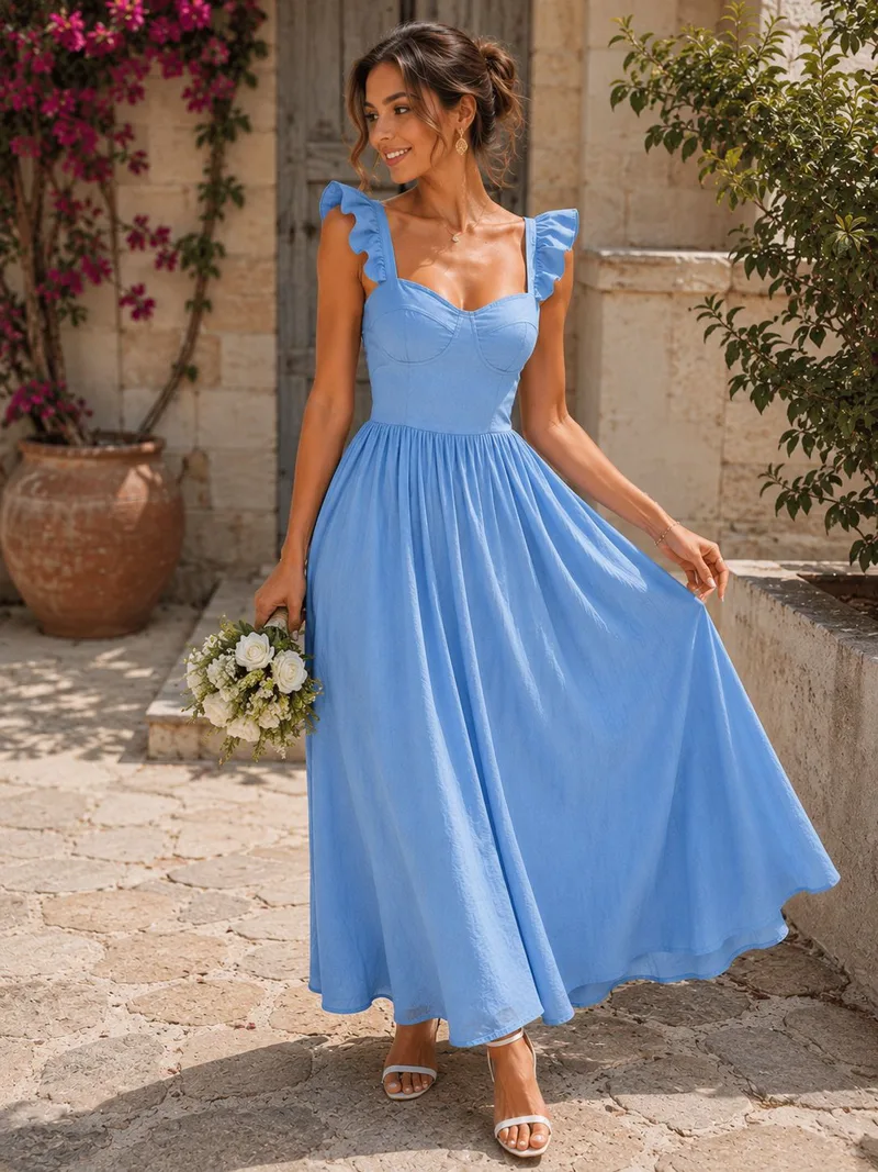 Ρομαντικό Maxi Φόρεμα με Βολάν Τιράντες - Σιέλ | Dress Up Σιέλ