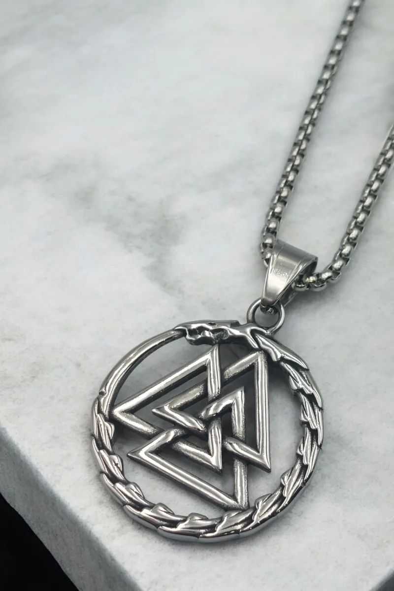 ΚΟΛΙΕ ΑΤΣΑΛΙ ΑΣΗΜΙ ΜΕΝΤΑΓΙΟΝ NORDIC VIKING VALKNUT RUNE DRAGON ΜΕ BOX CHAIN