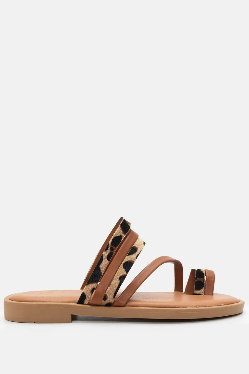Flat Σανδάλια με Λεπτομέρεια Print - Animal Print